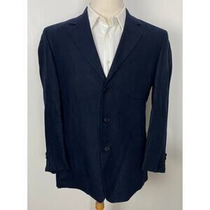 Men Brooks Brothers Italy 100% linen 3-button navy blue suit jacket blazer, 42R